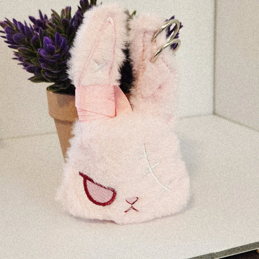 Pink Plush Bunny Head Keychain Pierced Stitched Faux Fur Alternative Accy 5